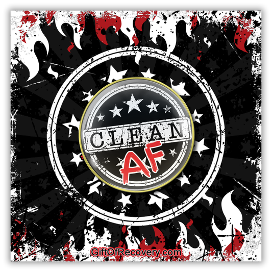 Clean AF NA medallion with Clean in black on a white rectangle strip, and the AF in bold red, there are 10 white stars, 5 above sober and 5 below, there are 2 white circles near the 14k rim for outline. The medallion is placed on a black 3x3 card with white and red flames on the top and bottom, with a stamped depiction of the clean AF recovery medallion.