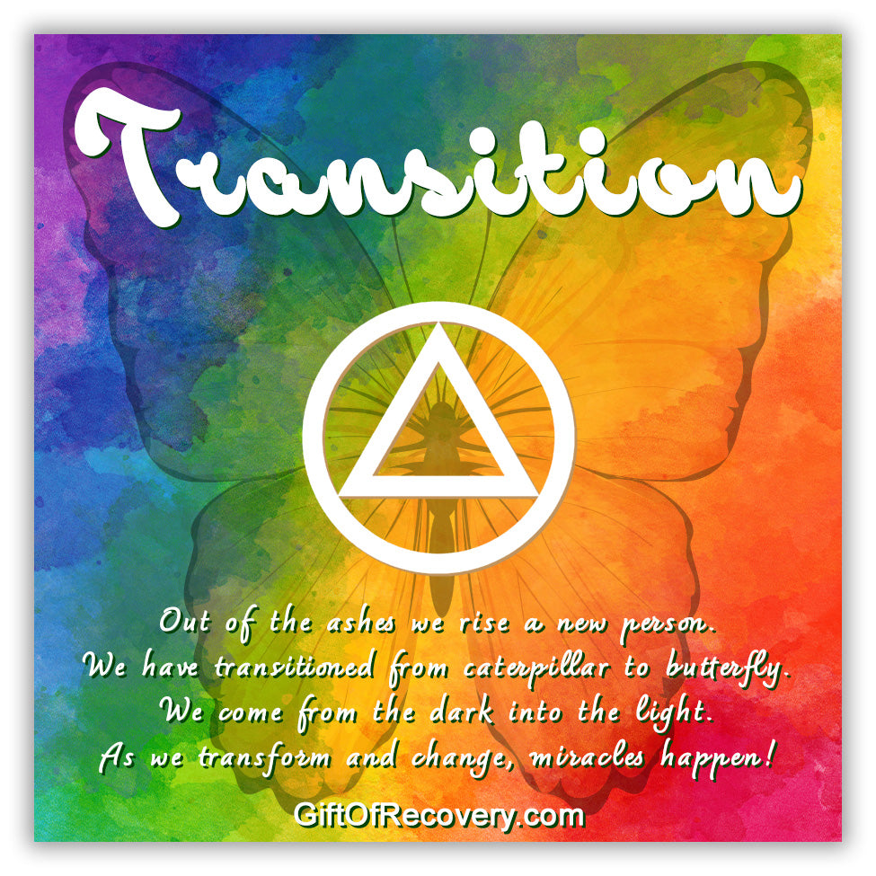 Transition 3x3 card bold tie-dye colors, with a silhouette of a butterfly, along with a bold AA symbol in white in the middle, the bottom has a paragraph about transformations in white.