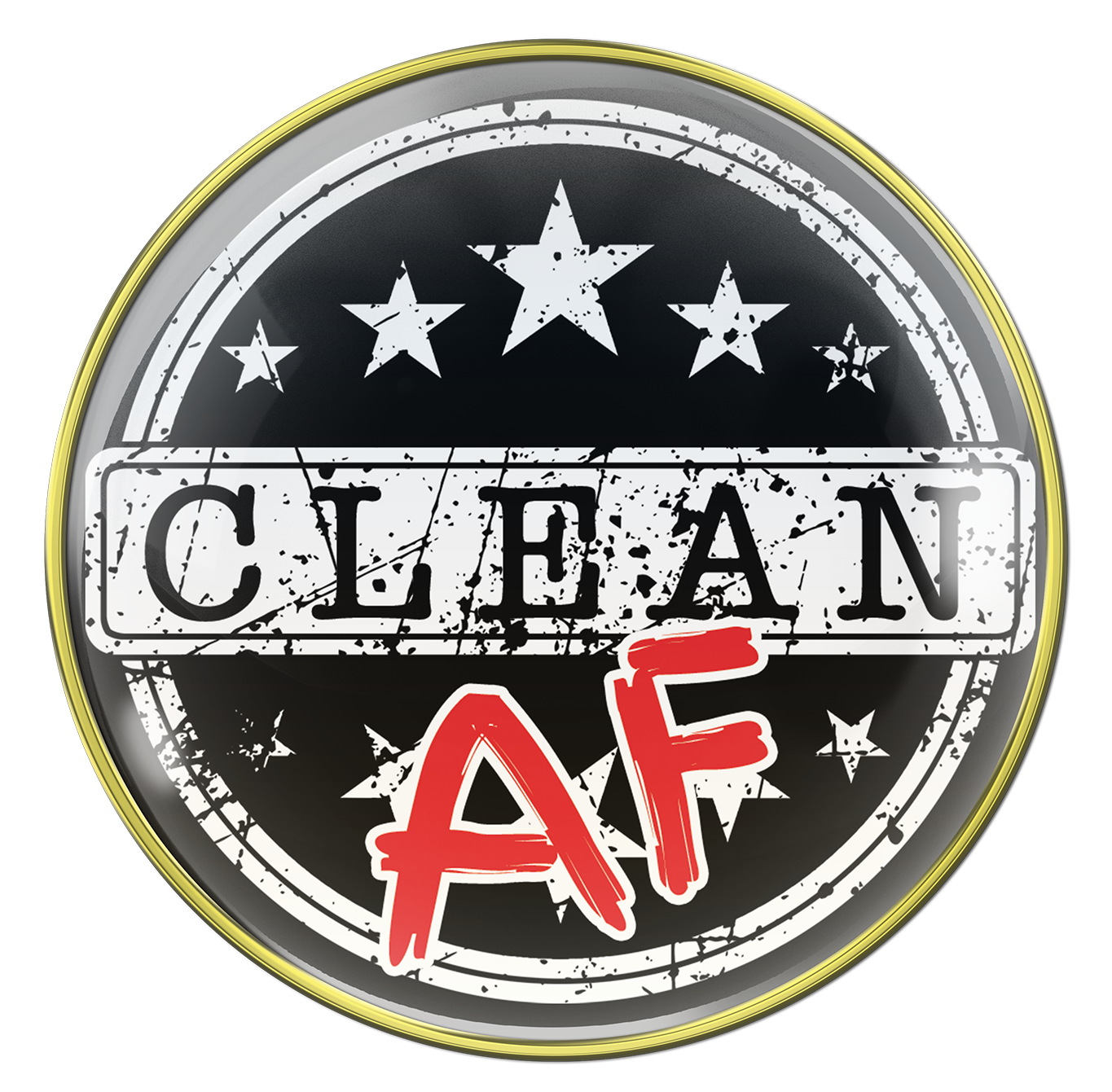 Clean AF NA medallion with Clean in black on a white rectangle strip, and the AF in bold red, there are 10 white stars, 5 above sober and 5 below, there are 2 white circles near the 14k rim for outline.