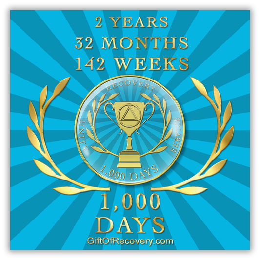AA recovery medallion Aquamarine blue with a trophy cup in the center with an AA symbol on it and Greek leaves on either side, unity, recovery, service, and 1,000 days going around it all, with blue and aqua rays, sealed with resin for a glossy finish, featured on a recovery is a gift 3x3 card that replicates the recovery medallion.