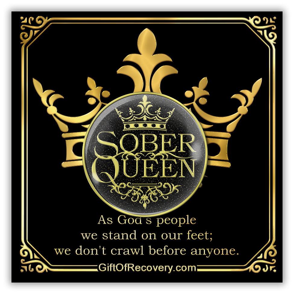 AA medallion black with silver flakes, a gold crown at the top with sober queen in the center and design at the bottom, all gold is embossed with 14k gold-plated brass, sealed with resin and featured on a 3x3 card that has a crown and saying and a design that borders.