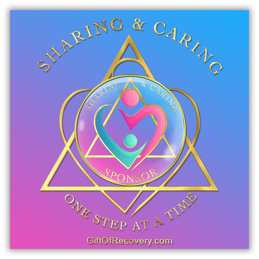 AA Recovery medallion for a sponsor with a gold triangle and a pink and teal heart, medallion is blue faded into pink with sharing and caring at the top and sponsor at the bottom, sealed with resin for a glossy finish featured on a recovery is a gift 3x3 card that replicates the medallion.