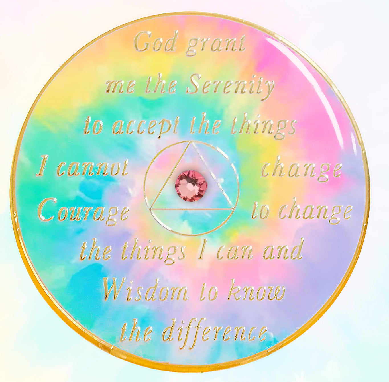 Back of AA medallion is pastel tie-dye, with the serenity prayer and circle triangle embossed with 14k gold-plated brass, inside the triangle is one single pastel light rose genuine crystal, the recovery medallion is sealed with resin for a shiny finish.