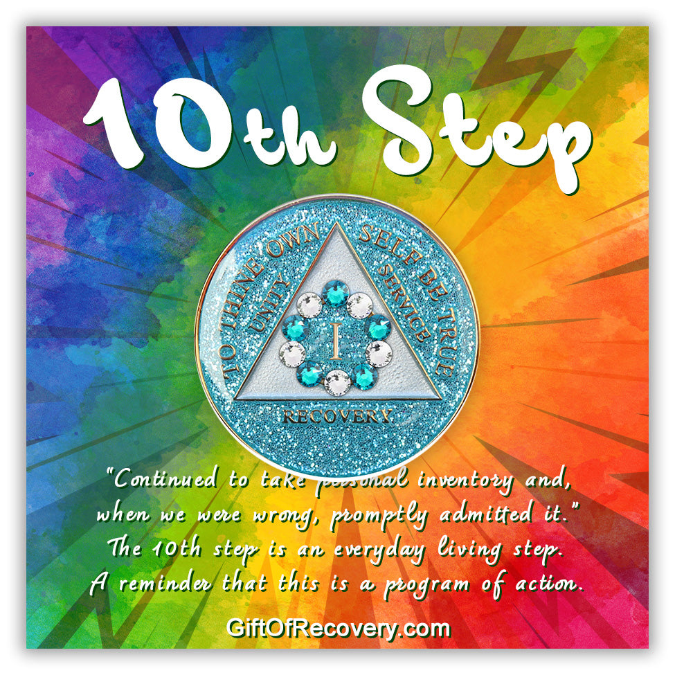 1 Year Deep-sea Aqua glitter 10th step AA medallion with 5 blue genuine crystals and 5 clear genuine crystal, set on a bold colored tie dye 3x3 card with a paragraph emphasizing action and reflection.