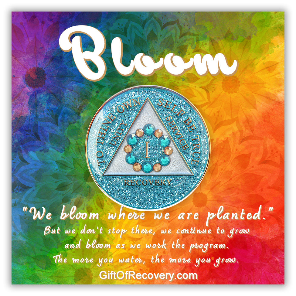 AA Recovery Medallion - Bloom Crystalized Bling on Glitter Aqua