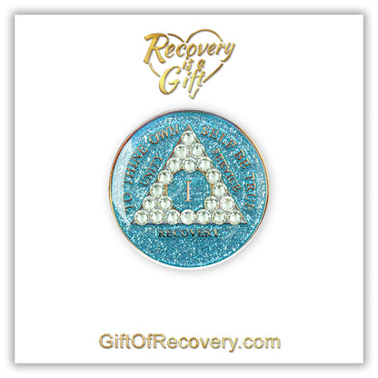 AA Recovery Medallion - Crystallized Glitter Aqua Diamond