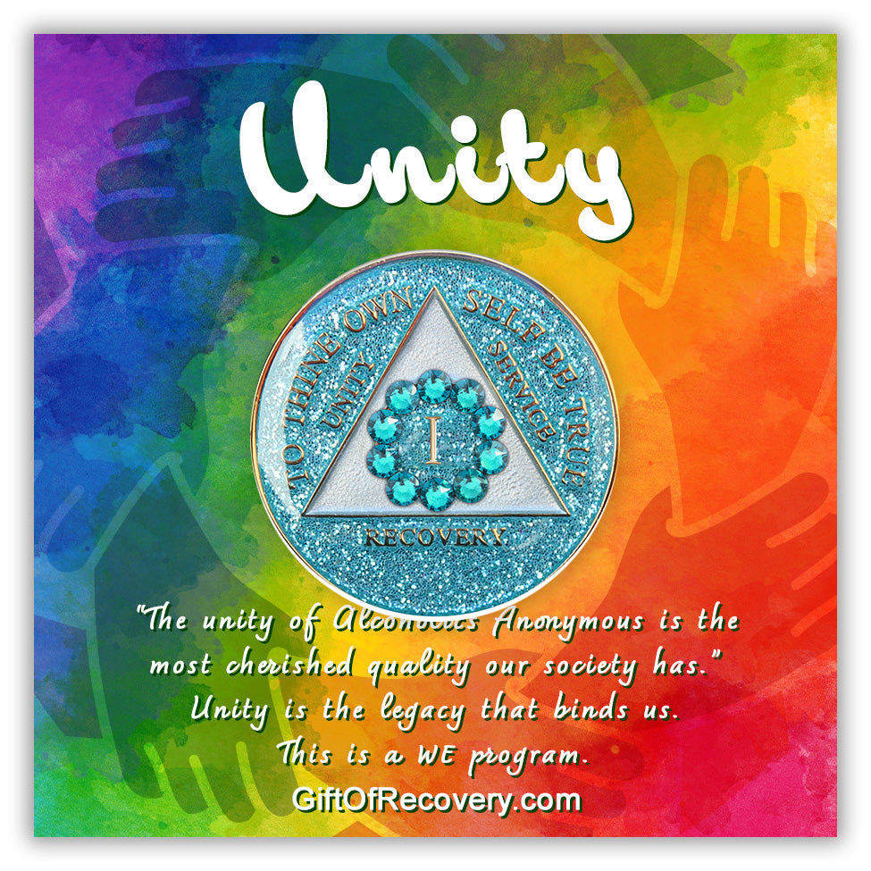AA Recovery Medallion - Unity Glitter Aqua Crystallized on Aqua Glitter