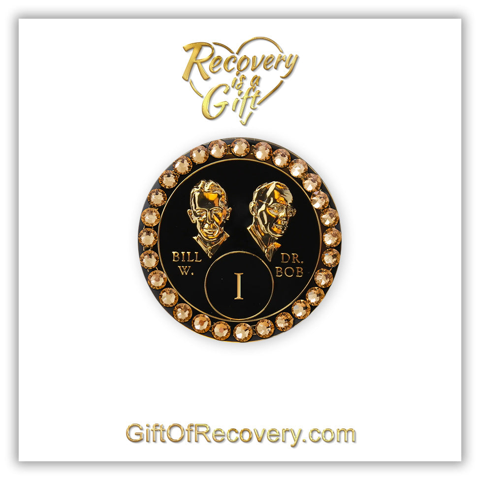 AA Recovery Medallion - Gold Bling Crystallized Black Bill & Bob
