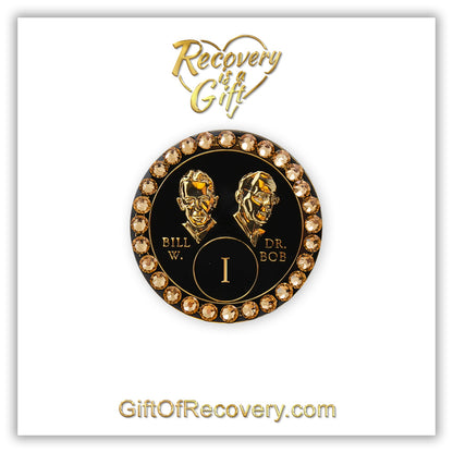 AA Recovery Medallion - Gold Bling Crystallized Black Bill & Bob
