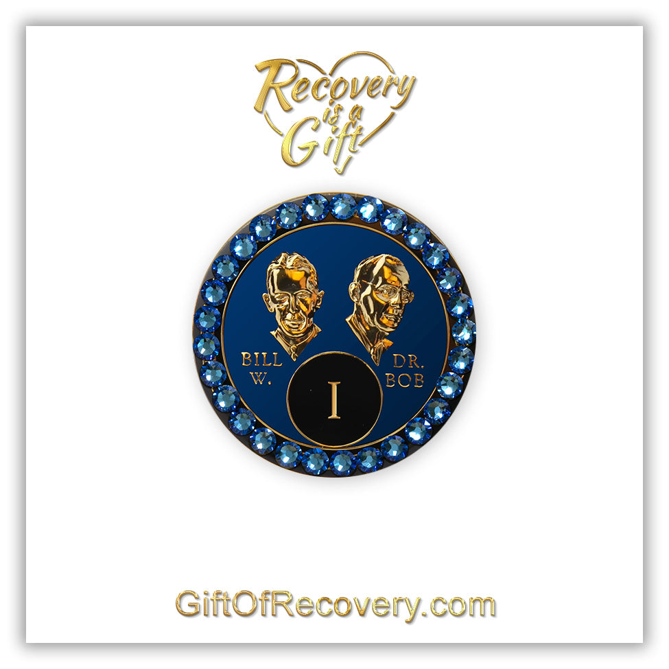 AA Recovery Medallion - Crystallized Blue Sapphire Bling Bill & Bob