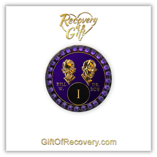 AA Recovery Medallion - Purple Crystallized Bill & Bob Purple Velvet Bling