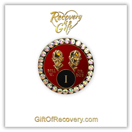 AA Recovery Medallion - Aurora Borealis Bling Crystalized Red Bill & Bob