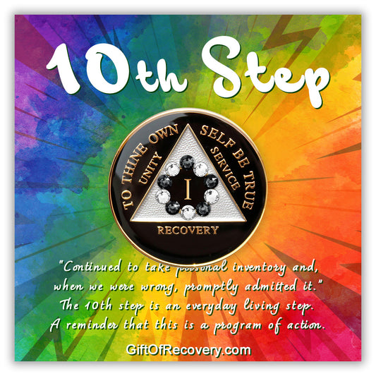 1 year black onyx 10th step AA medallion, with 10 genuine crystals, emphasizing action and reflection, placed on a bold tie dyed card with a small paragraph of the meaning of the 10th step, and triangle and lettering embossed in 14k gold.