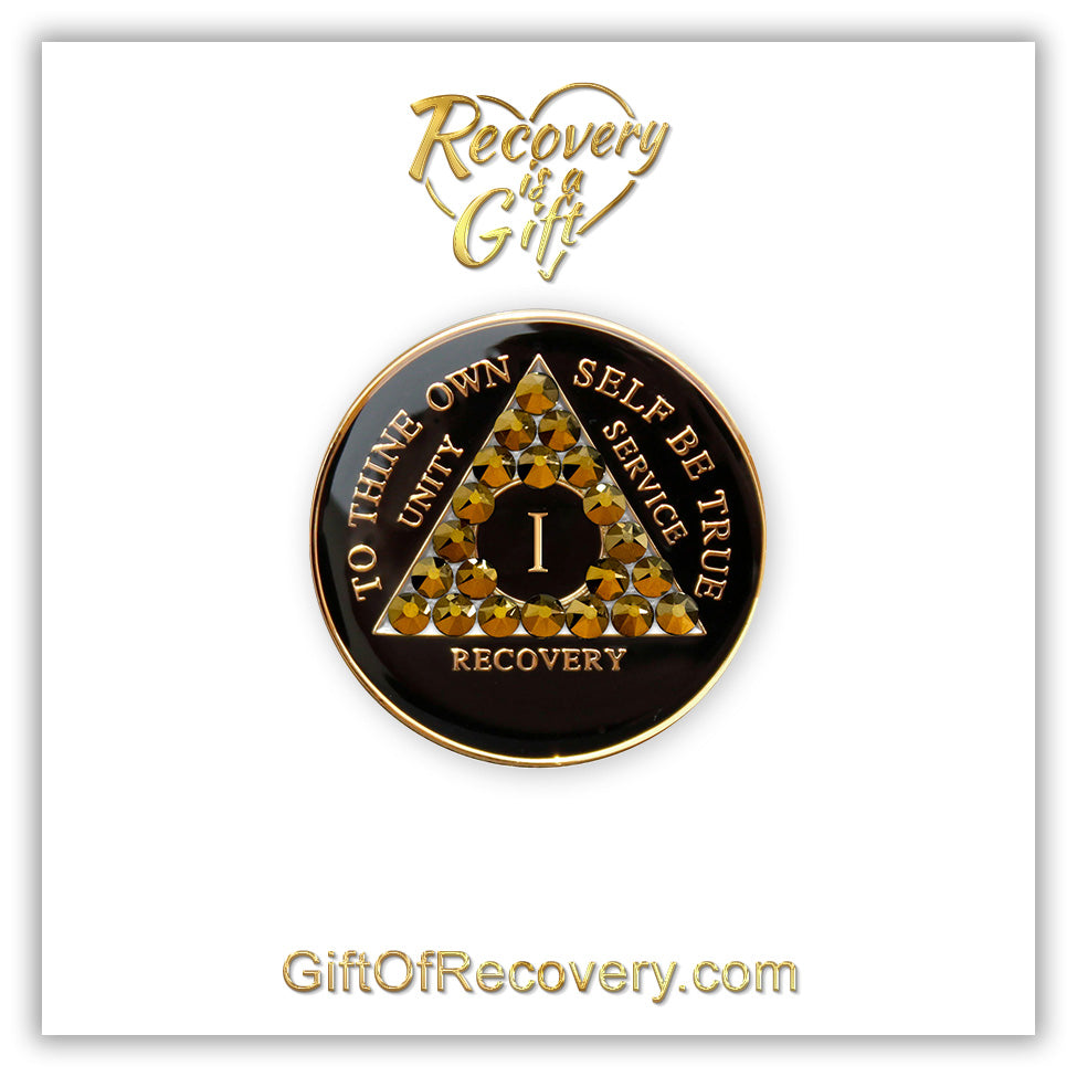 AA Recovery Medallion - Dorado Bling Crystallized on Black