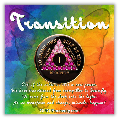 AA Recovery Medallion - Pink Transition Bling Crystallized on Black