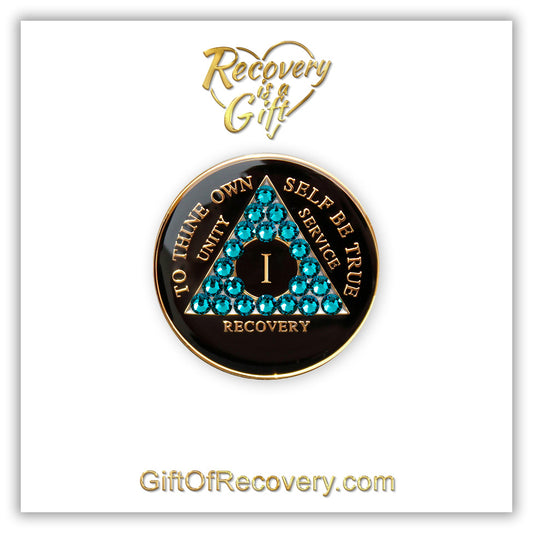 AA Recovery Medallion - Zircon Bling Crystallized on Black