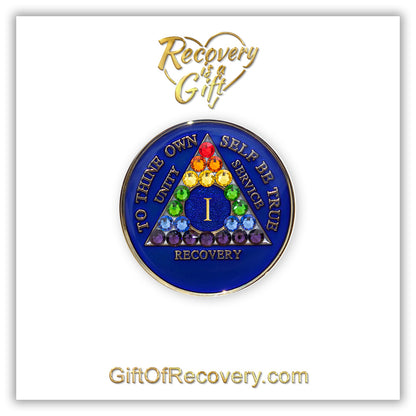 AA Recovery Medallion - Rainbow Bling Crystallized on Blue