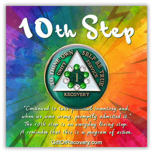 AA Recovery Medallion - 10th Step Green & Diamond Crystallized on Green