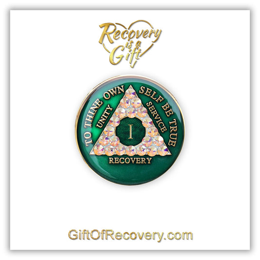 AA Recovery Medallion - Aurora Borealis Bling Crystalized on Green