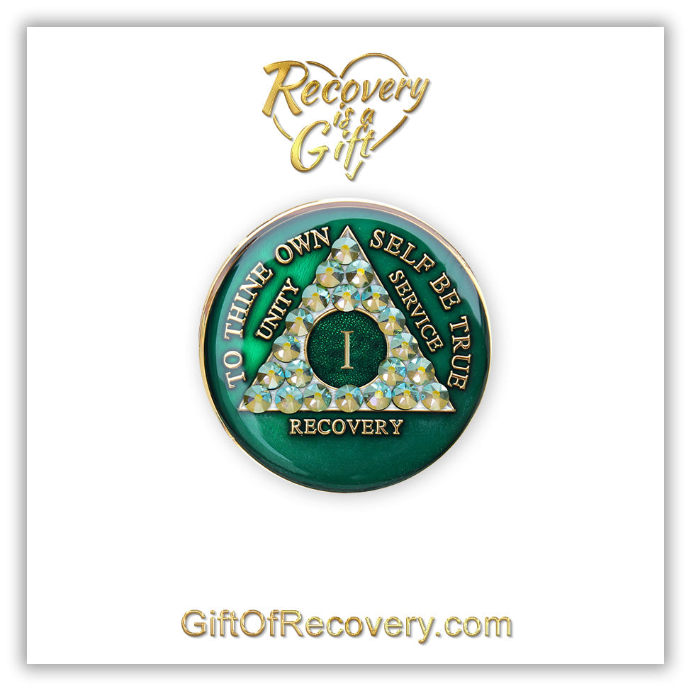 AA Recovery Medallion - Crystallized Green & Diamond Bling