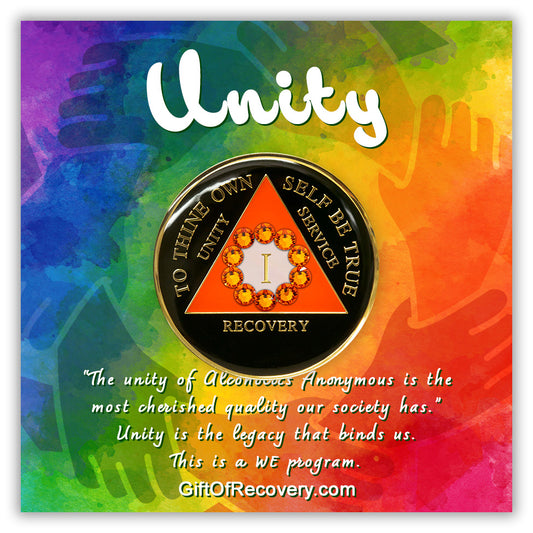 AA Recovery Medallion - Unity Crystallized Orange Bling on Black