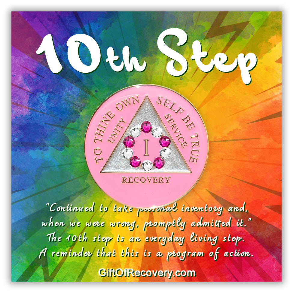 AA Recovery Medallion - 10th Step Pink & Diamond Crystallized on Pink