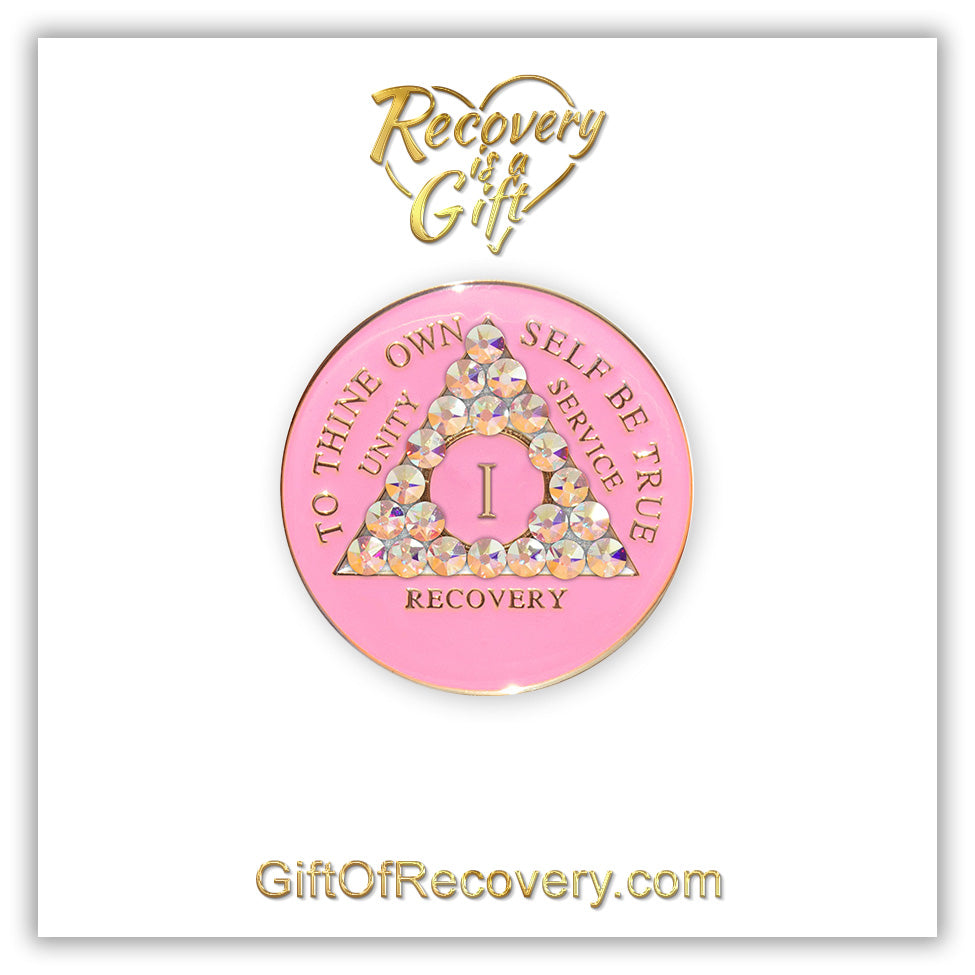 AA Recovery Medallion - Aurora Borealis Bling Crystalized on Pink