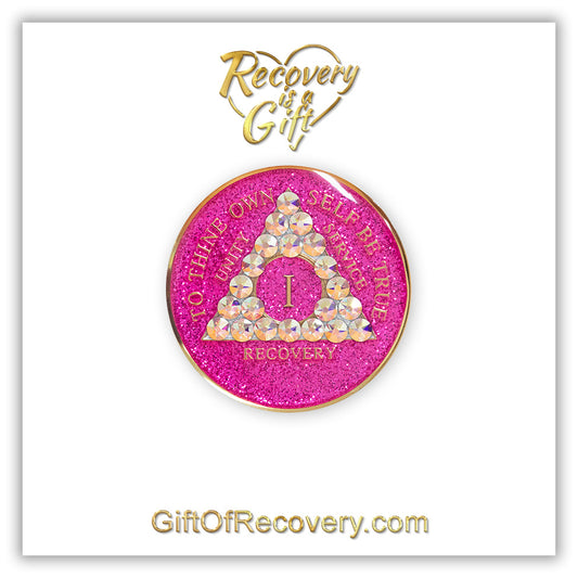 AA Recovery Medallion - Aurora Borealis Bling Crystallized on Glitter Pink