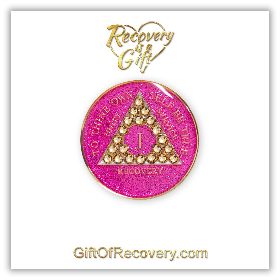 AA Recovery Medallion - Gold Bling Crystalized on Glitter Pink