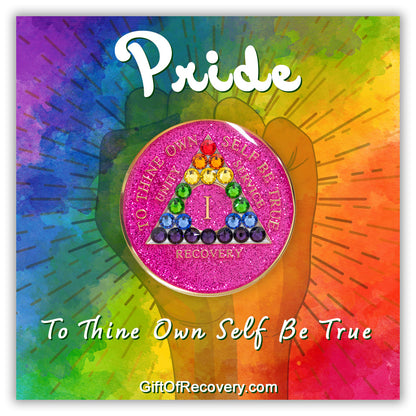AA Recovery Medallion - Rainbow Bling Crystallized on Glitter Pink