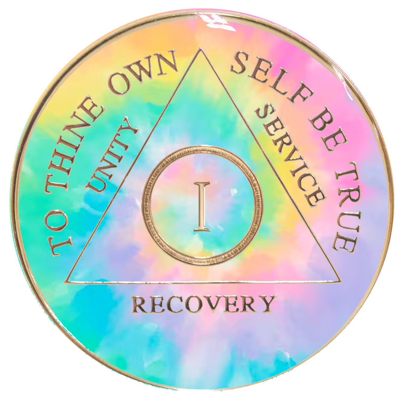 1 year AA medallion tie-dye in soft pink, yellow, purple, and blues with the circle, triangle, roman numeral, unity, service, recovery, and to thine own self be true embossed in 14k gold, and the tie-dye representing change.