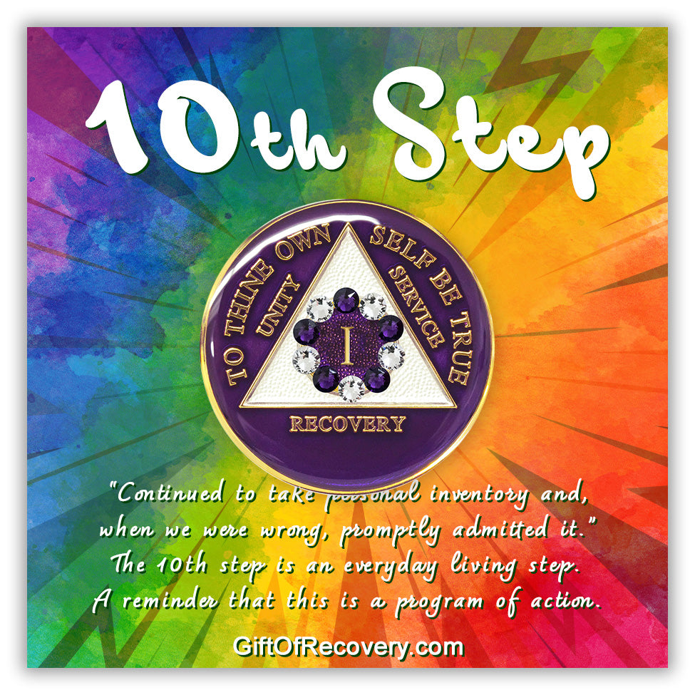 AA Recovery Medallion - 10th Step Purple & Diamond Crystallized on Purple