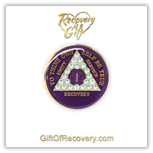 AA Recovery Medallion - Diamond Bling Crystallized on Purple