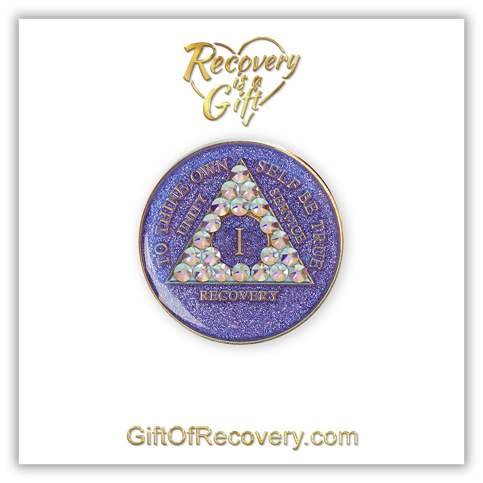 AA Recovery Medallion - Aurora Borealis Bling Crystalized on Glitter Purple