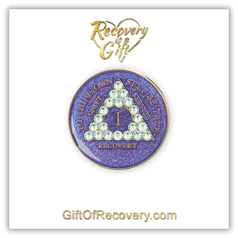 AA Recovery Medallion - Diamond Bling Crystallized on Glitter Purple