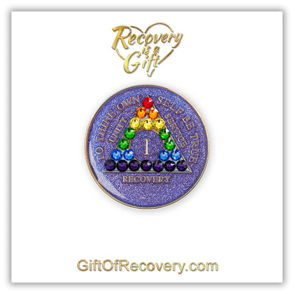 AA Recovery Medallion - Rainbow Bling Crystallized on Glitter Purple