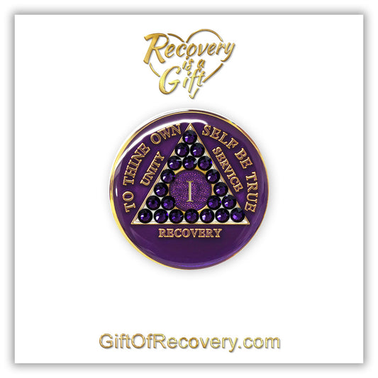 AA Recovery Medallion - Crystallized Purple with Purple Velvet Bling