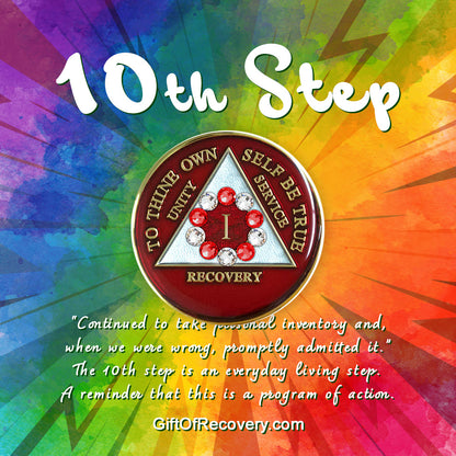 AA Recovery Medallion - 10th Step Red & Diamond Crystallized on Red
