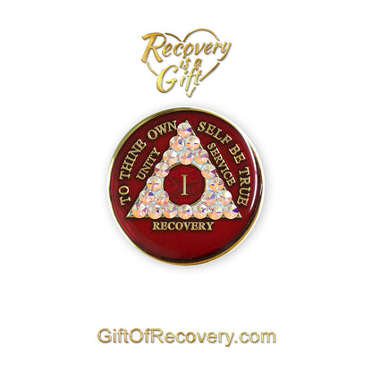 AA Recovery Medallion - Aurora Borealis Bling Crystalized on Red