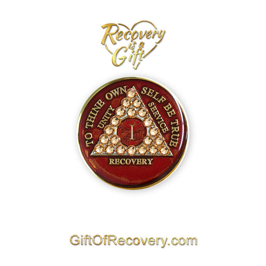 AA Recovery Medallion - Gold Bling Crystallized on Red