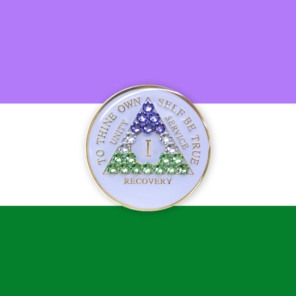 AA Recovery Medallion - Genderqueer flag bling crystalized on white