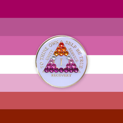 AA Recovery Medallion - Lesbian Flag Bling Crystallized on White