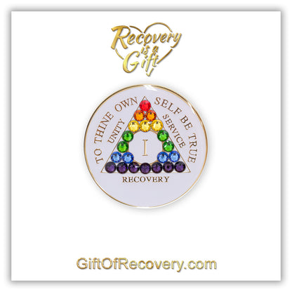 AA Recovery Medallion - Rainbow Bling Crystallized on White