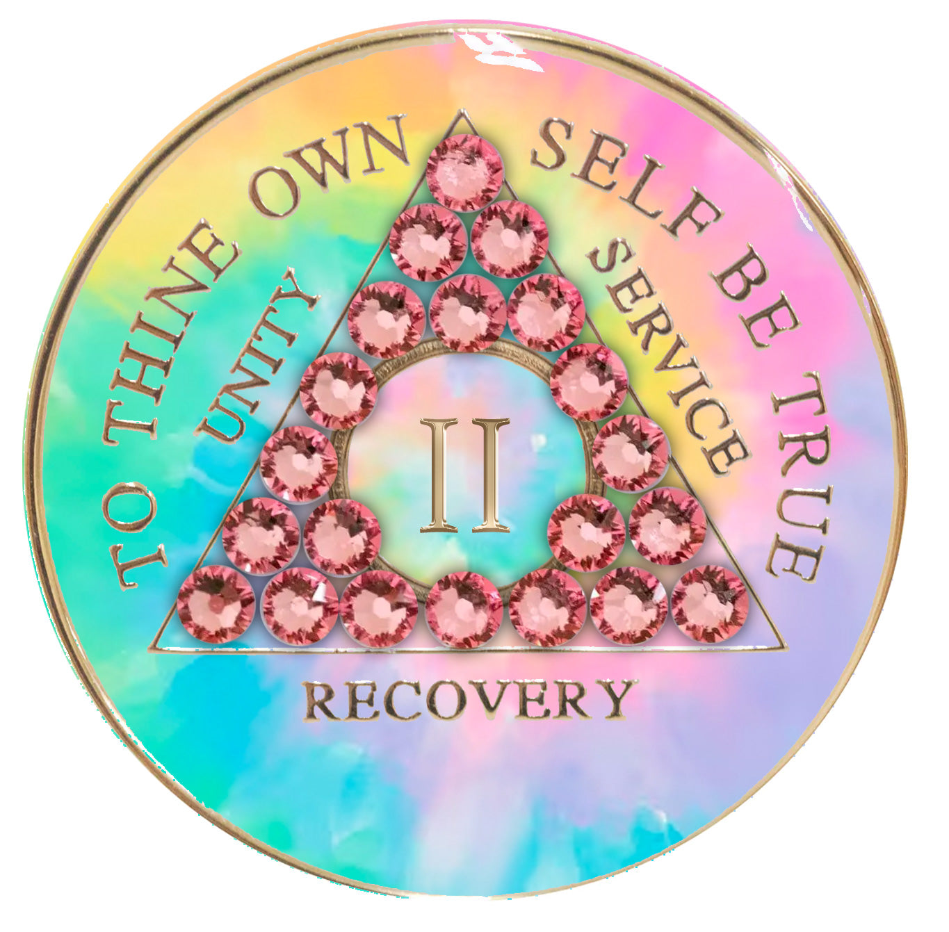 2 year AA medallion pastel tie-dye representing a psychic change that is needed in the recovery journey, with twenty-one light rose genuine crystals, pink, blue, yellow, and green, in the shape of the triangle, with the AA moto and roman numeral embossed in 14k gold-plated brass, the medallion is sealed with resin for a glossy, scratch free finish.