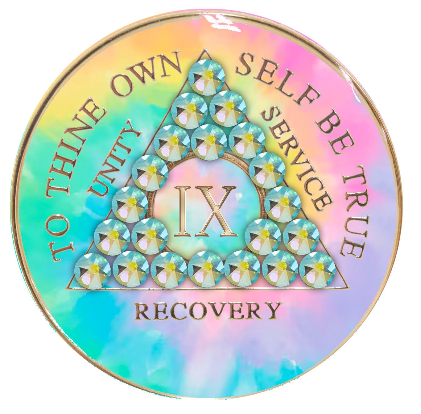 9 year AA medallion pastel tie-dye representing a psychic change that is needed in the recovery journey, with twenty-one Peridot AB genuine crystals, pink, blue, yellow, and green, in the shape of the triangle, with the AA moto and roman numeral embossed in 14k gold-plated brass, the medallion is sealed with resin for a glossy, scratch free finish.