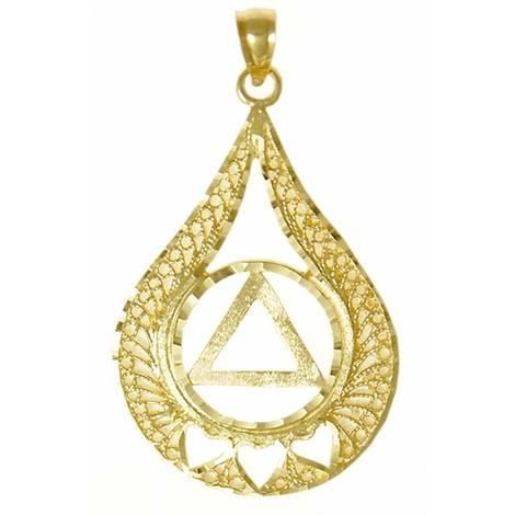 14K Gold Pendant, Alcoholics Anonymous Circle Triangle W/3 Hearts Set In A Filigree Style Tear Drop