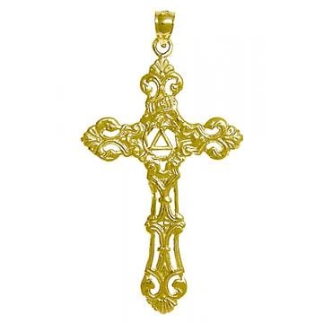 14K Gold Pendant, Alcoholics Anonymous Recovery Symbol On A Beautiful Cross