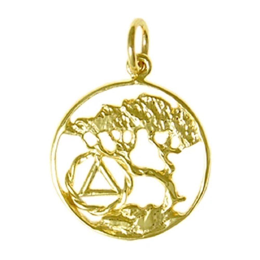 14K Gold Pendant, Alcoholics Anonymous Recovery Symbol With A Beautiful Tree Of Life