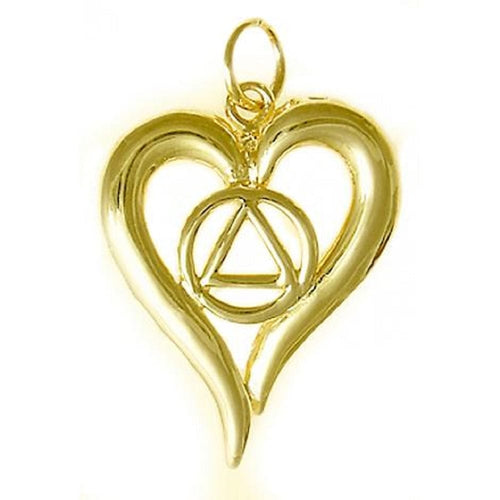 14K Gold Pendant, Alcoholics Anonymous Symbol In A Open Heart, Medium Size -