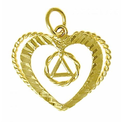 14K Gold Pendant, Alcoholics Anonymous Symbol In A Small Twist Wire Circle In A Open Heart
